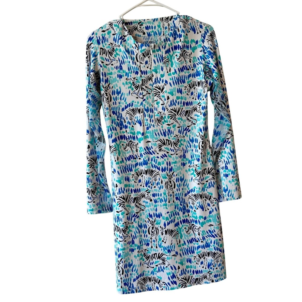 IBKUL Women's Blue Zebra Print Long Sleeve Icefil Quarter Zip Mini Dress Size S - Picture 2 of 5